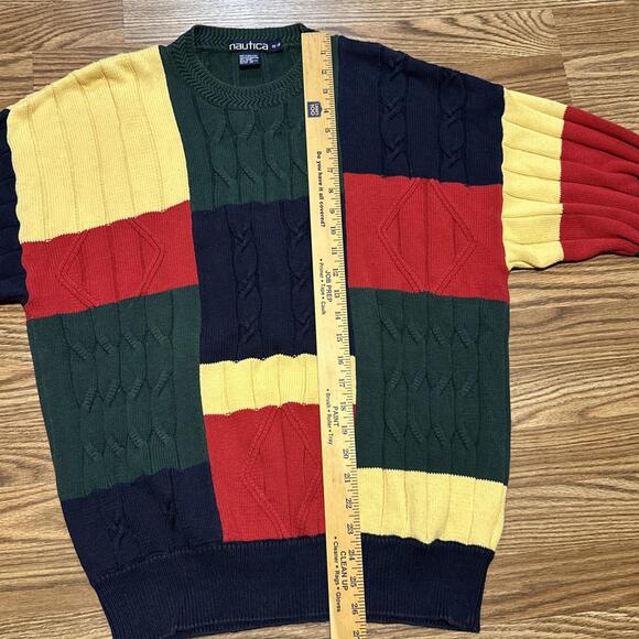 Nautica VTG Color Block Cable Knit 100% Cotton Crew Neck Sweater Med 90s - Picture 7 of 9